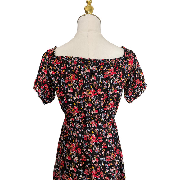Forever 21 Women's Small Floral  Black Red Dress Off-Shoulder Short Sleeve - Picture 11 of 13